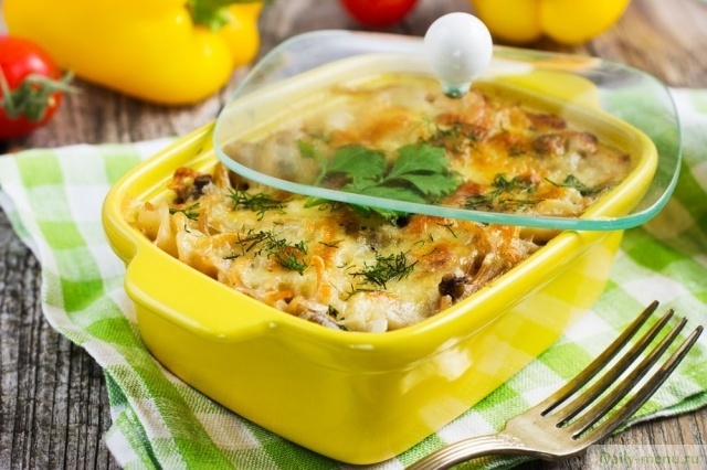 Запеканка из макарон с грибами и сыром